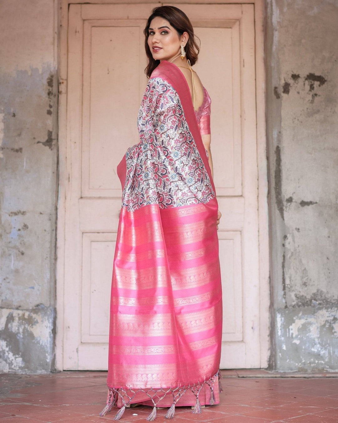 Pink Banarasi Silk Saree with Vibrant Floral Digital Print & Elegant Zari Border