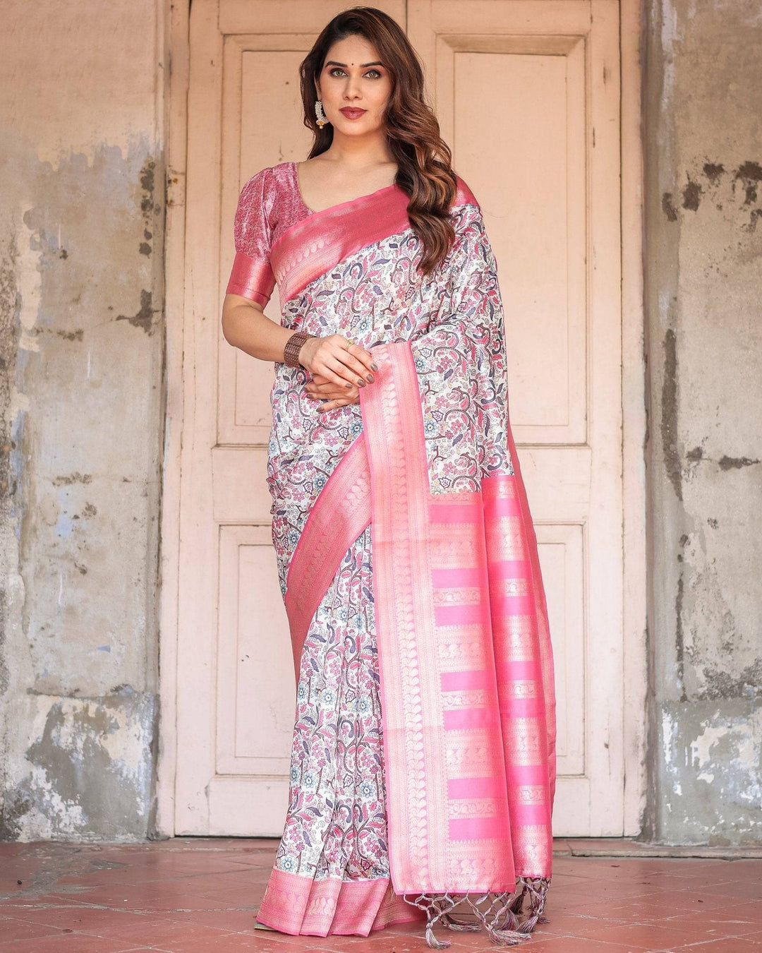 Pink Banarasi Silk Saree with Vibrant Floral Digital Print & Elegant Zari Border