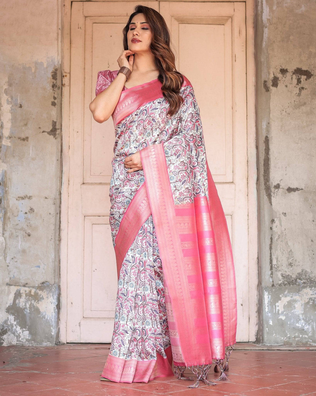 Pink Banarasi Silk Saree with Vibrant Floral Digital Print & Elegant Zari Border