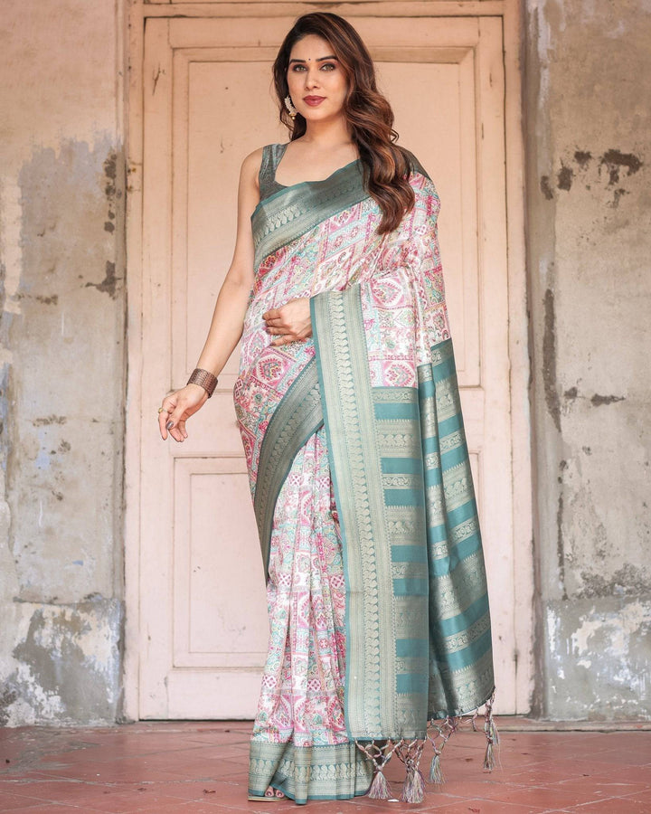 White Banarasi Silk Saree with Pastel Multicolor Prints and Green Zari Border