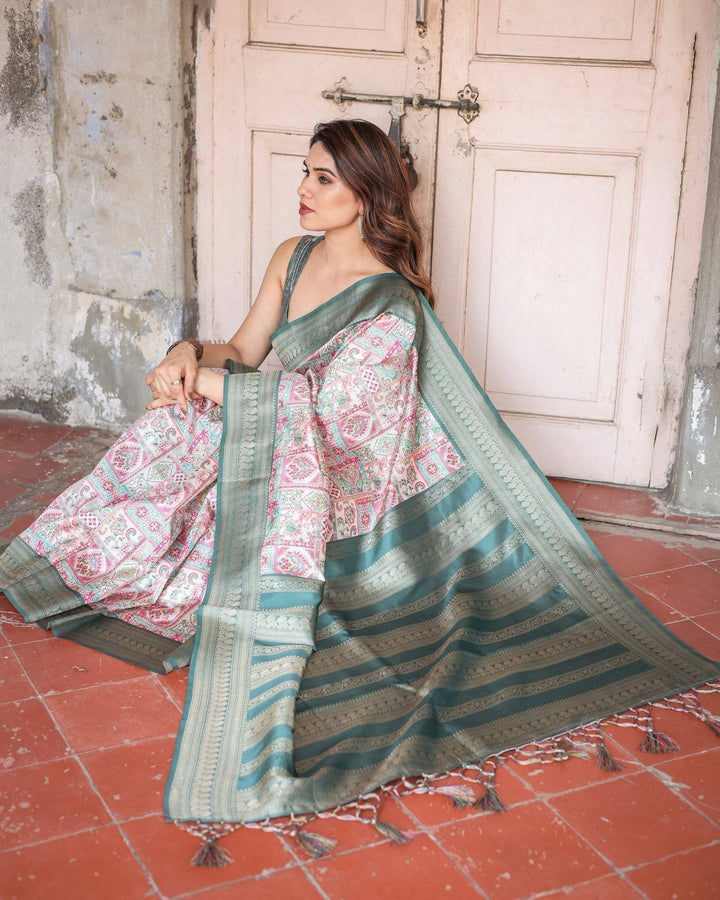 White Banarasi Silk Saree with Pastel Multicolor Prints and Green Zari Border