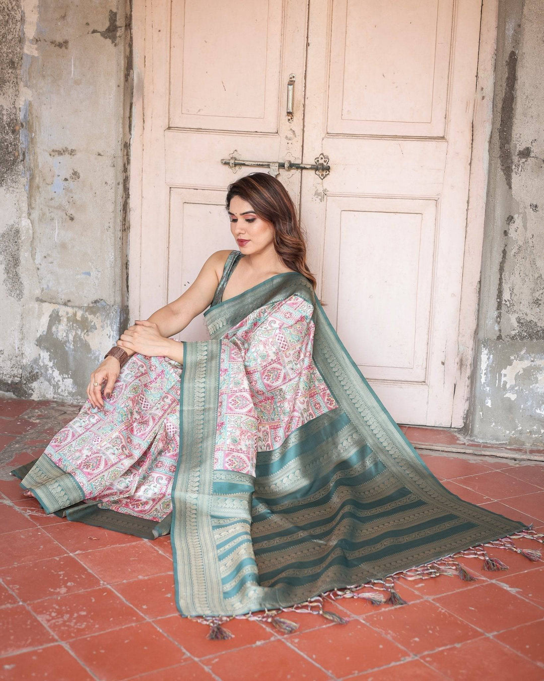 White Banarasi Silk Saree with Pastel Multicolor Prints and Green Zari Border