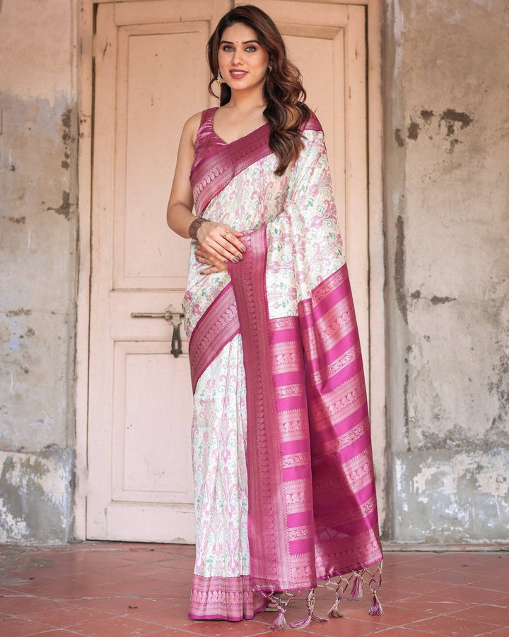 Off-White Banarasi Silk Saree with Pink Ikat Design and Zari Border