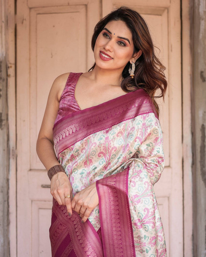 Off-White Banarasi Silk Saree with Pink Ikat Design and Zari Border