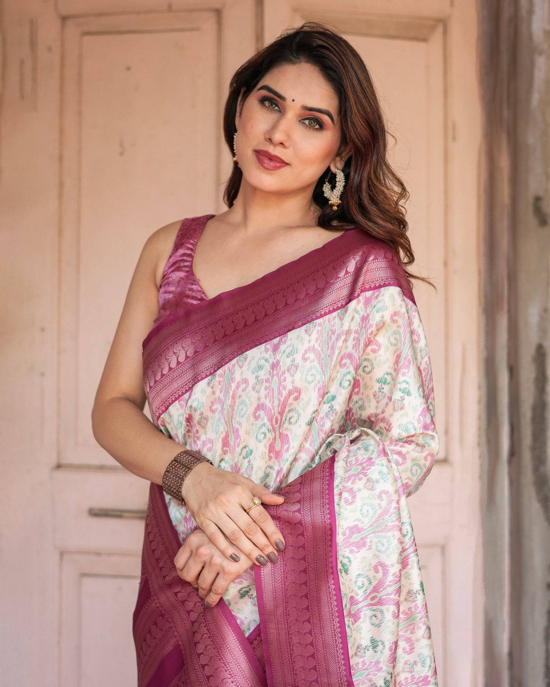 Off-White Banarasi Silk Saree with Pink Ikat Design and Zari Border