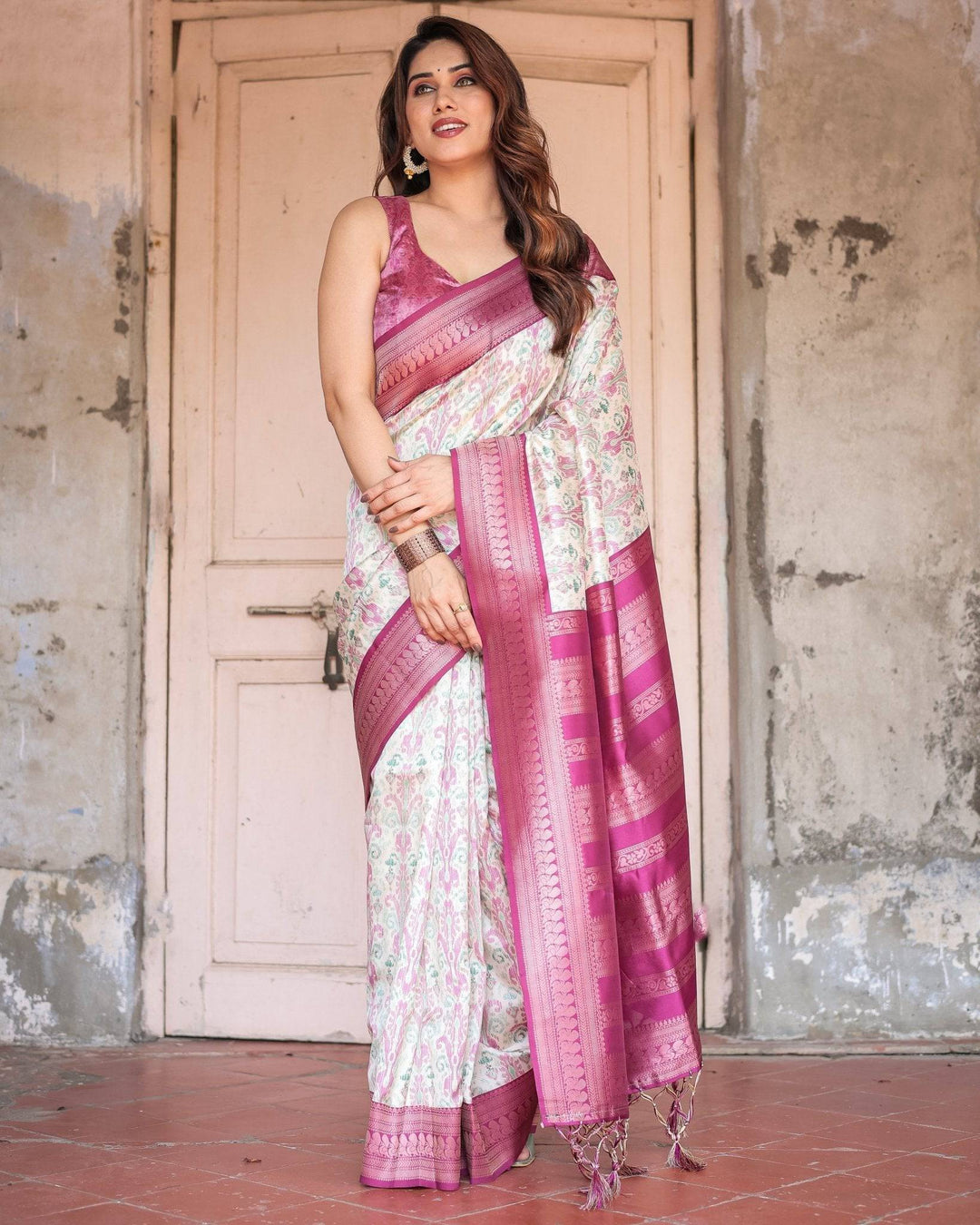 Off-White Banarasi Silk Saree with Pink Ikat Design and Zari Border