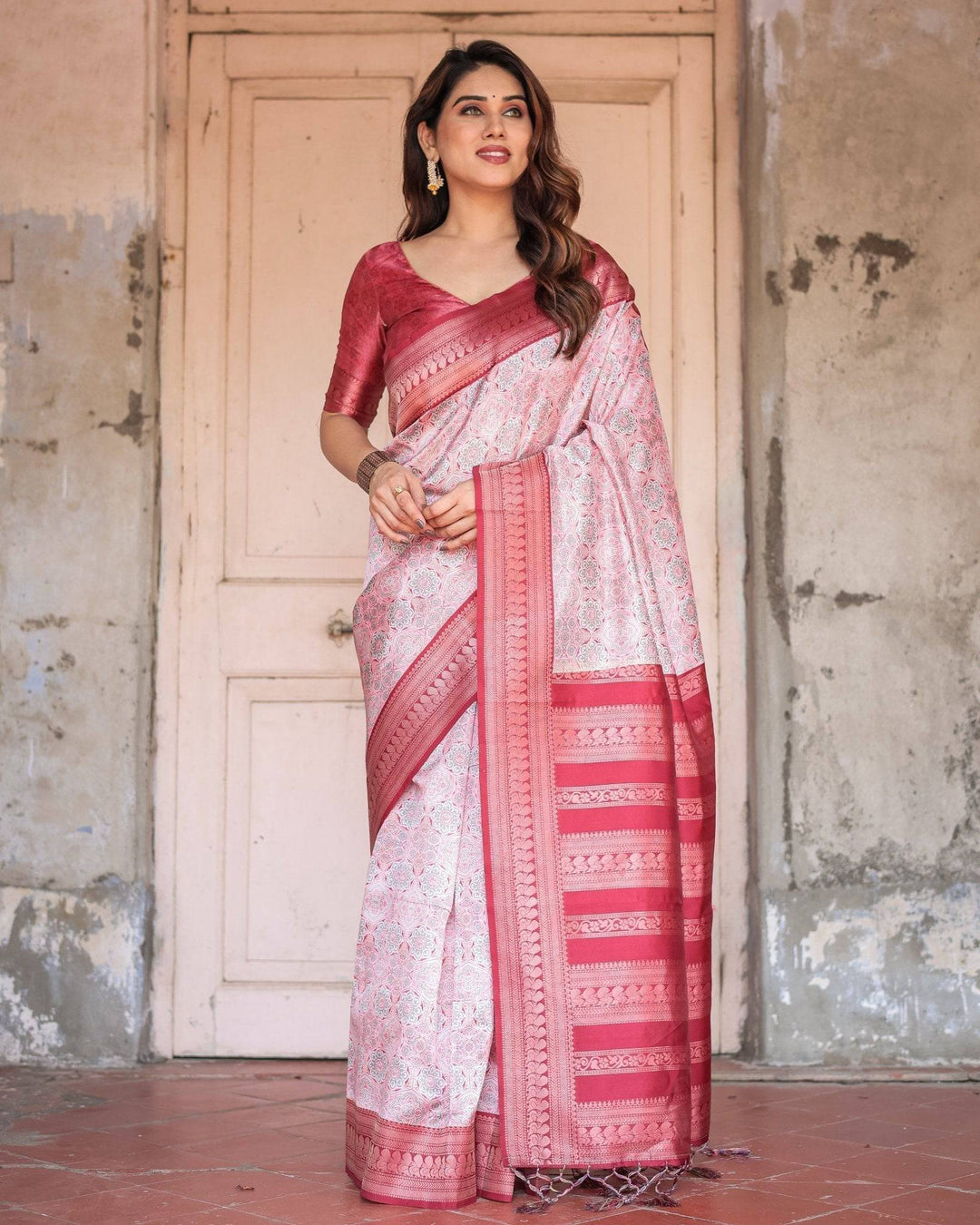 Crimson Red Banarasi Silk Saree with Geometric Digital Print & Zari Border