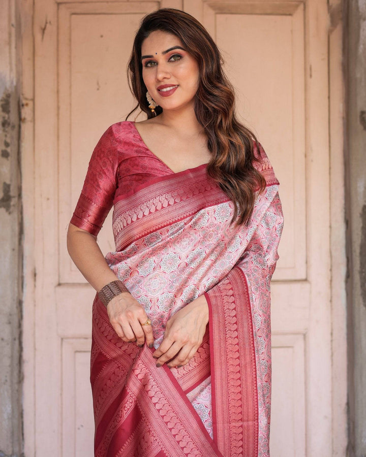 Crimson Red Banarasi Silk Saree with Geometric Digital Print & Zari Border