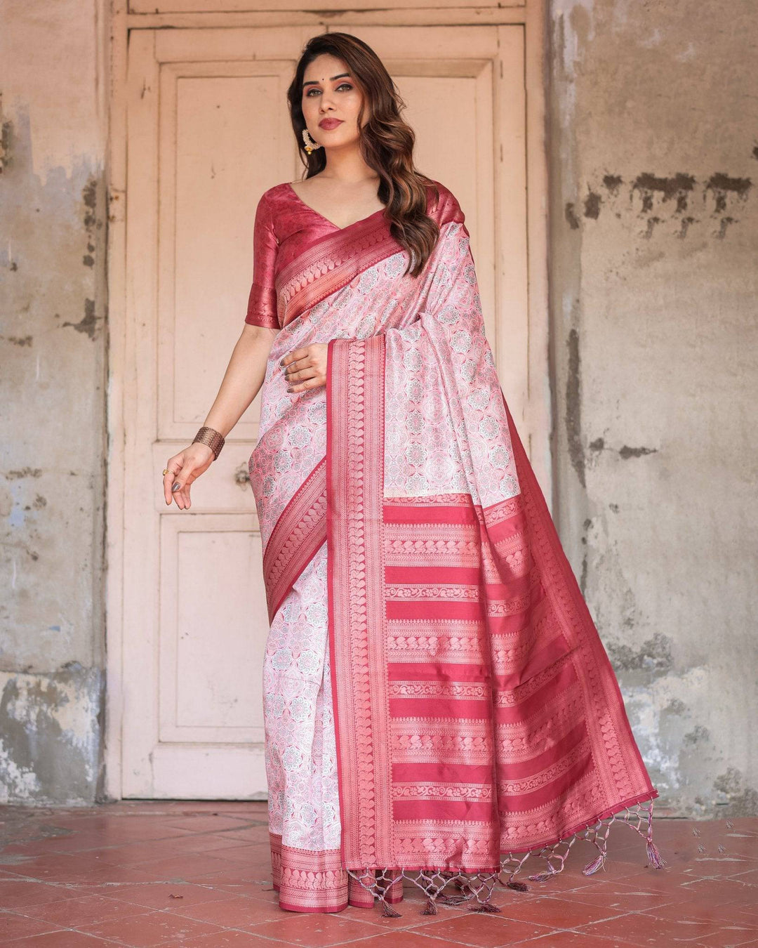 Crimson Red Banarasi Silk Saree with Geometric Digital Print & Zari Border