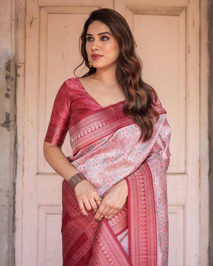 Crimson Red Banarasi Silk Saree with Geometric Digital Print & Zari Border