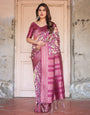 Wine and Rose Gold Floral Banarasi Silk Saree with Zari and Tassels