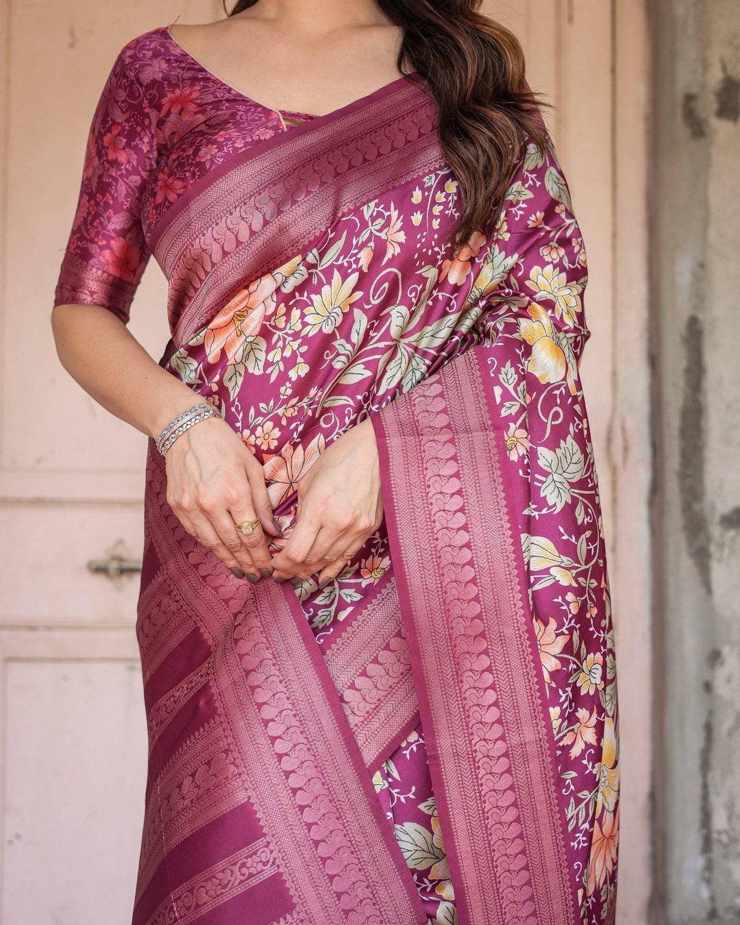 Wine and Rose Gold Floral Banarasi Silk Saree with Zari and Tassels