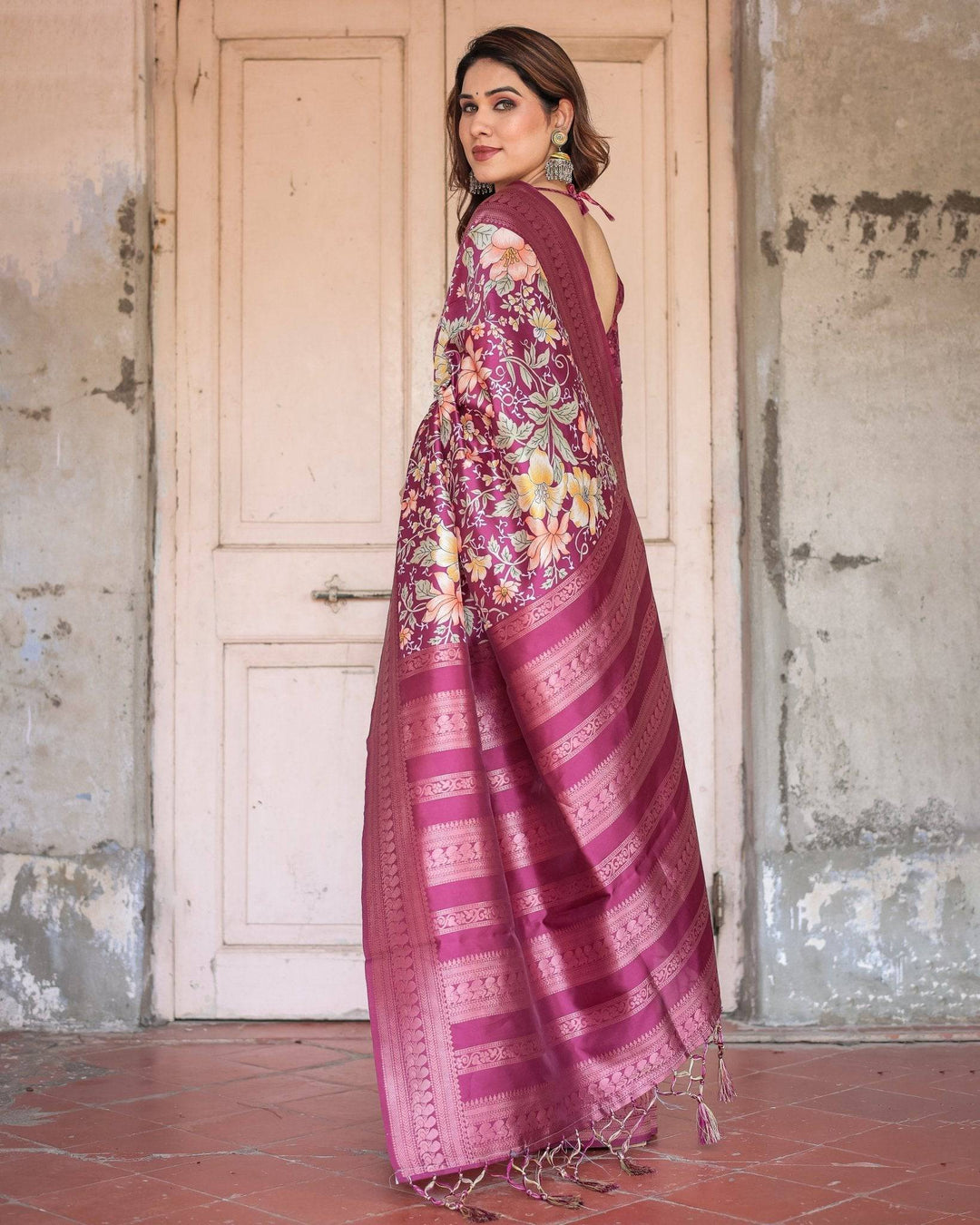 Wine and Rose Gold Floral Banarasi Silk Saree with Zari and Tassels