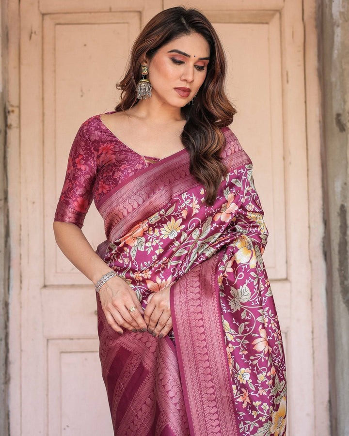 Wine and Rose Gold Floral Banarasi Silk Saree with Zari and Tassels