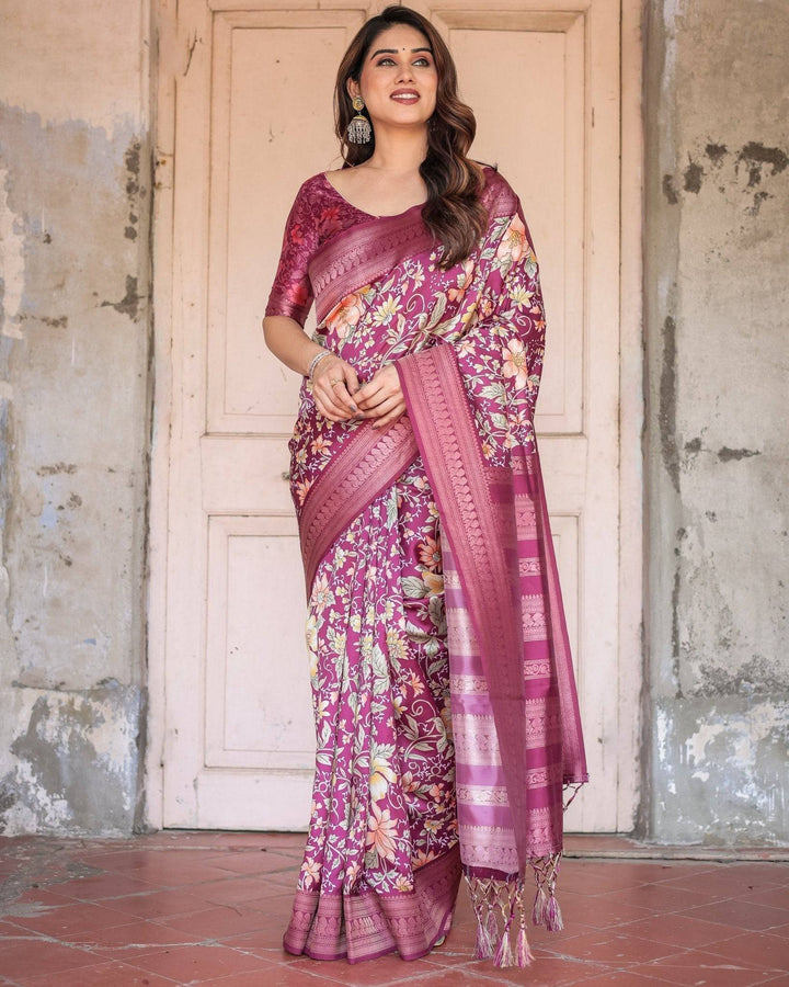 Wine and Rose Gold Floral Banarasi Silk Saree with Zari and Tassels