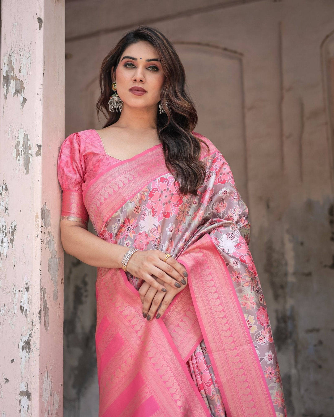 Exquisite Pink and Silver Banarasi Silk Floral Saree with Tassels