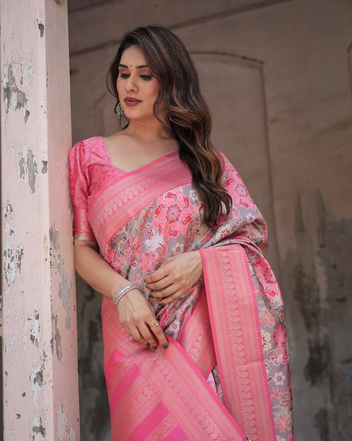 Exquisite Pink and Silver Banarasi Silk Floral Saree with Tassels