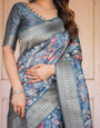 Steel Blue Banarasi Silk Saree with Tropical Floral Digital Print & Zari Border