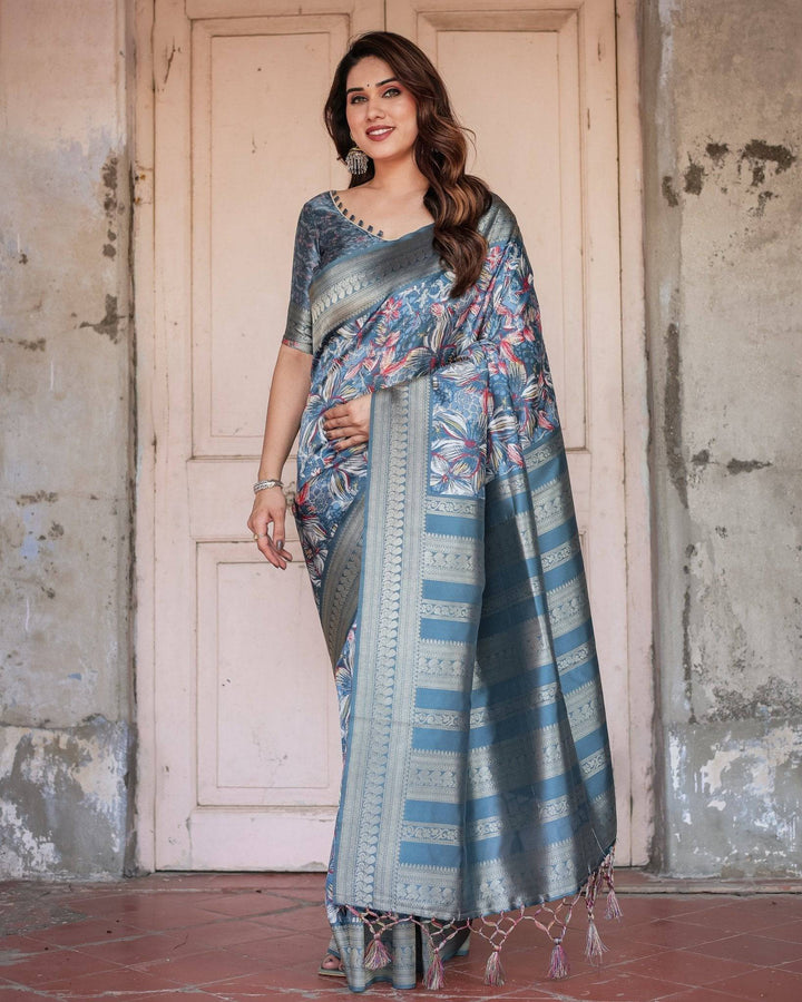 Steel Blue Banarasi Silk Saree with Tropical Floral Digital Print & Zari Border