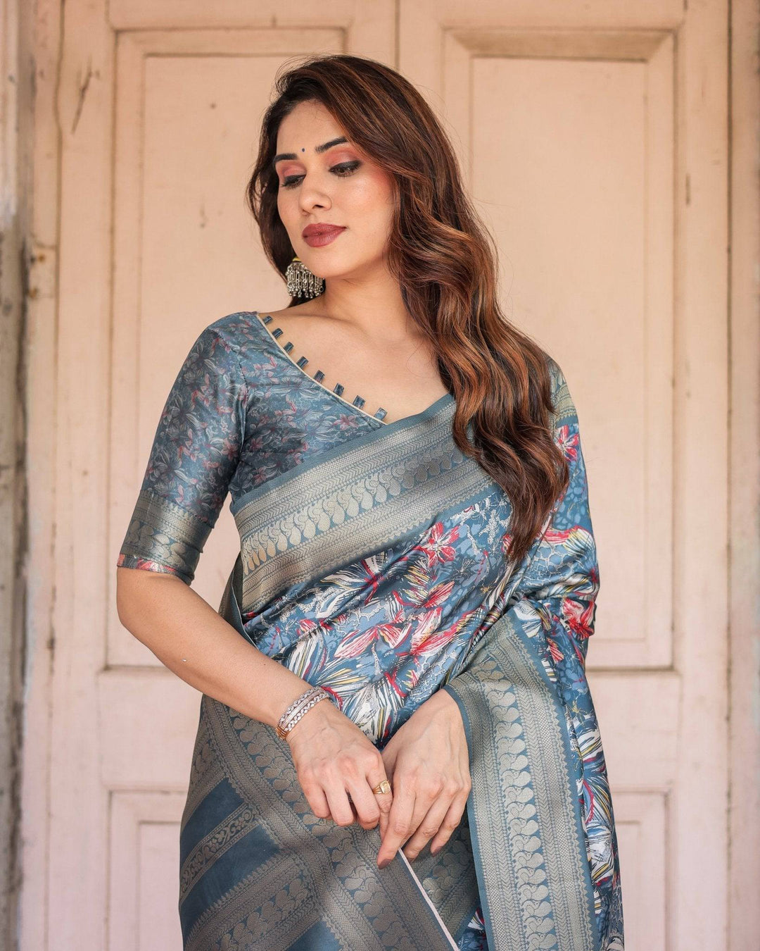 Steel Blue Banarasi Silk Saree with Tropical Floral Digital Print & Zari Border