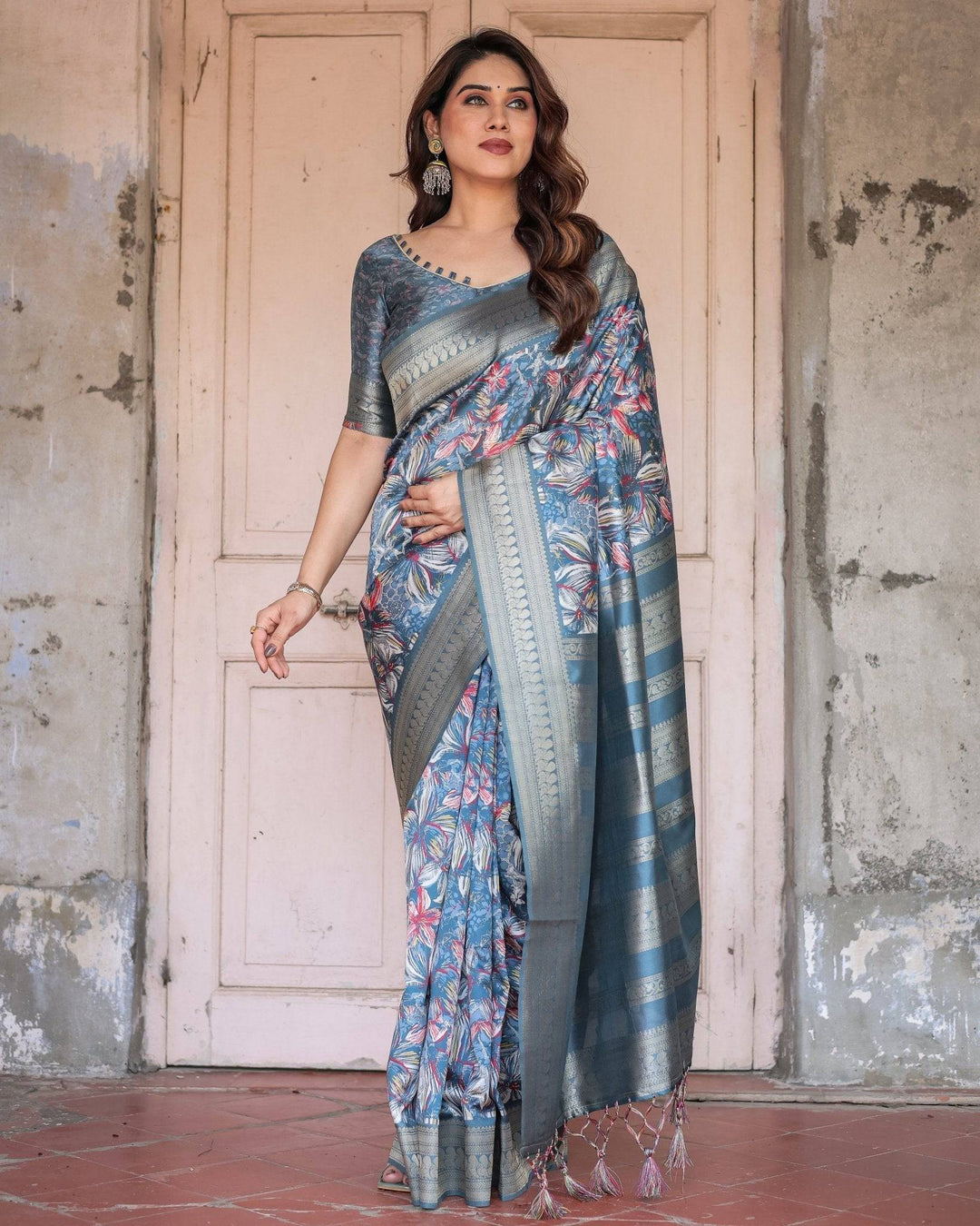 Steel Blue Banarasi Silk Saree with Tropical Floral Digital Print & Zari Border