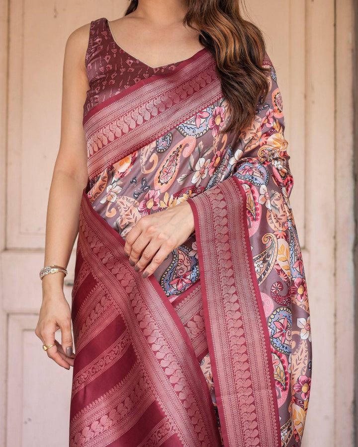 Wine Banarasi Silk Saree with Paisley and Floral Digital Print & Zari Border