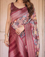 Wine Banarasi Silk Saree with Paisley and Floral Digital Print & Zari Border