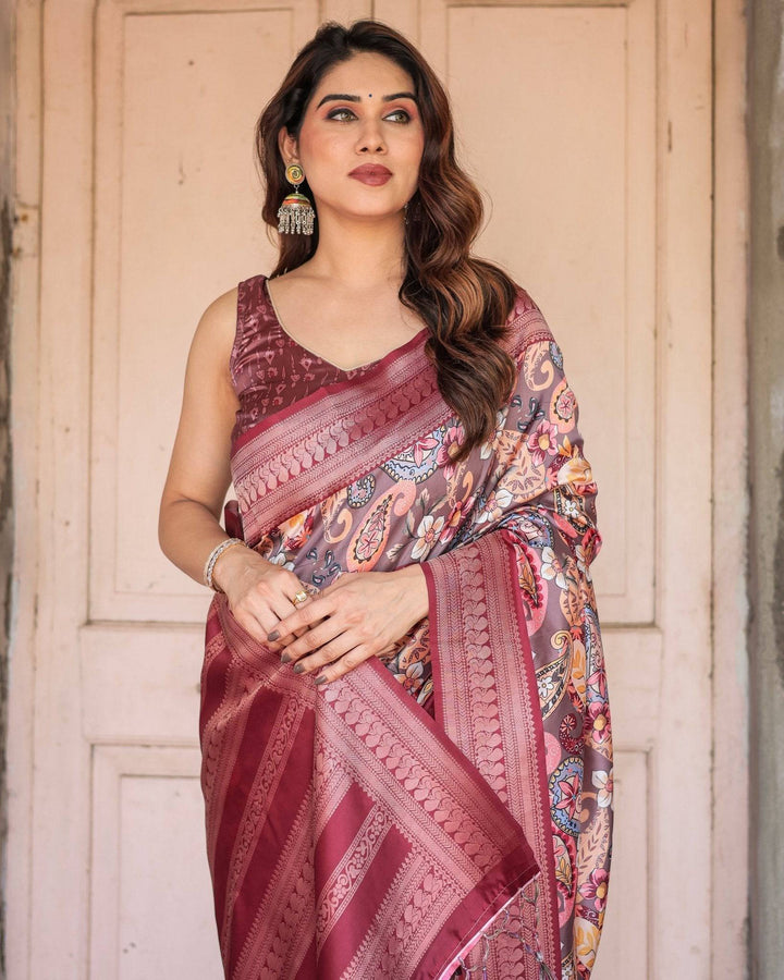 Wine Banarasi Silk Saree with Paisley and Floral Digital Print & Zari Border