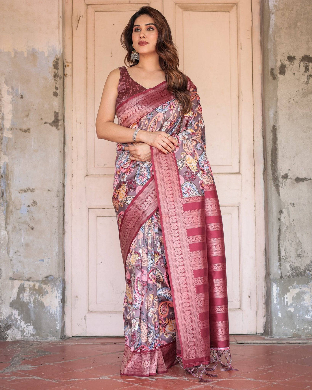 Wine Banarasi Silk Saree with Paisley and Floral Digital Print & Zari Border