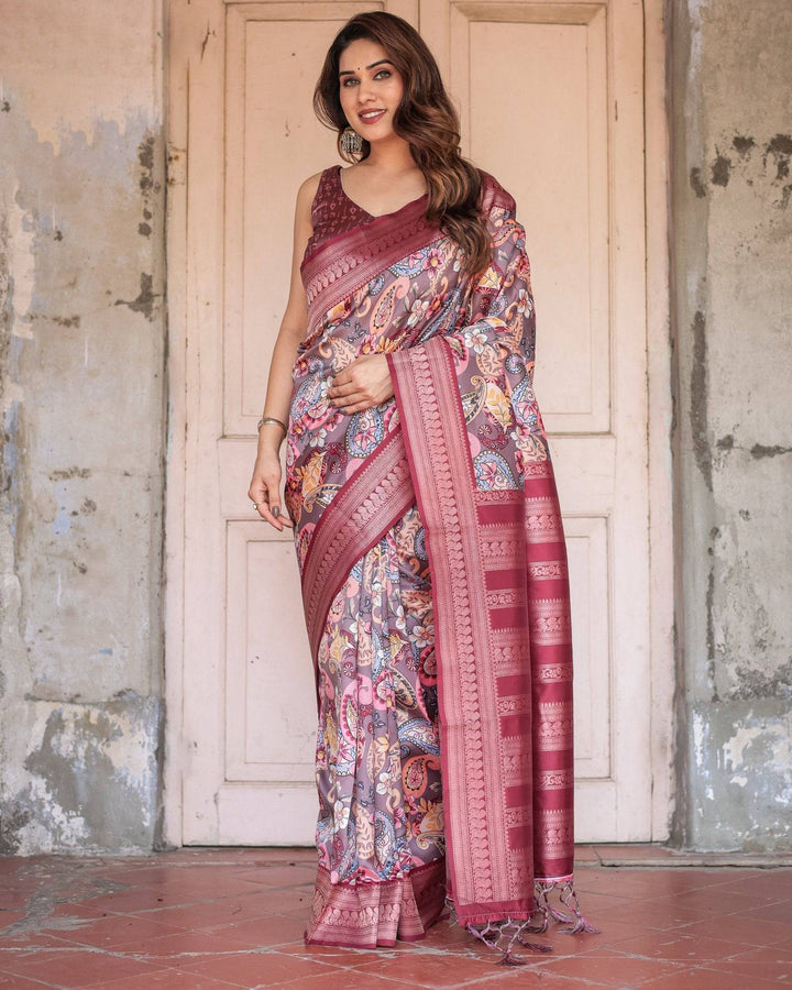 Wine Banarasi Silk Saree with Paisley and Floral Digital Print & Zari Border