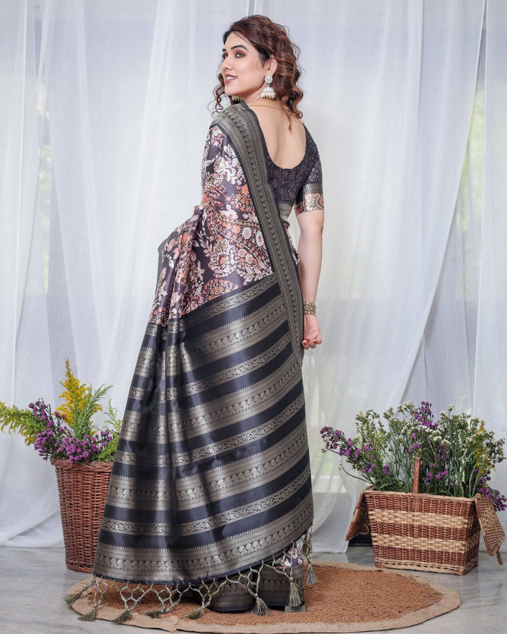 Exquisite Black and Pink Floral Banarasi Silk Saree with Intricate Tassels