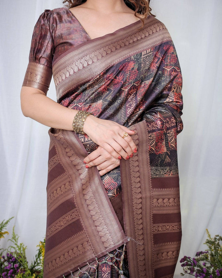 Chocolate Brown Banarasi Silk Saree with Tribal Digital Print, Zari Border & Tassel Pallu