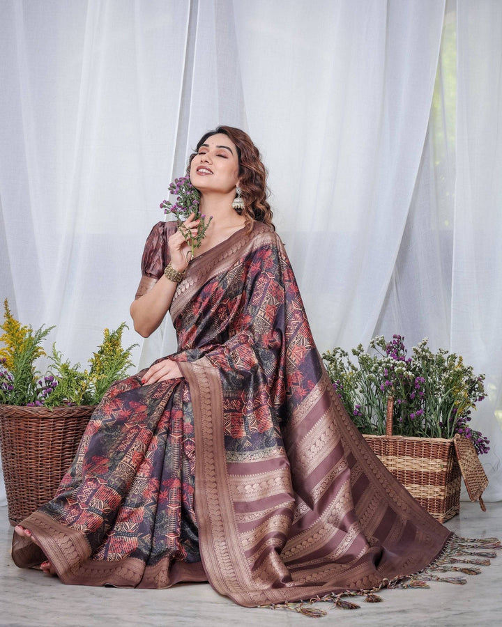 Chocolate Brown Banarasi Silk Saree with Tribal Digital Print, Zari Border & Tassel Pallu