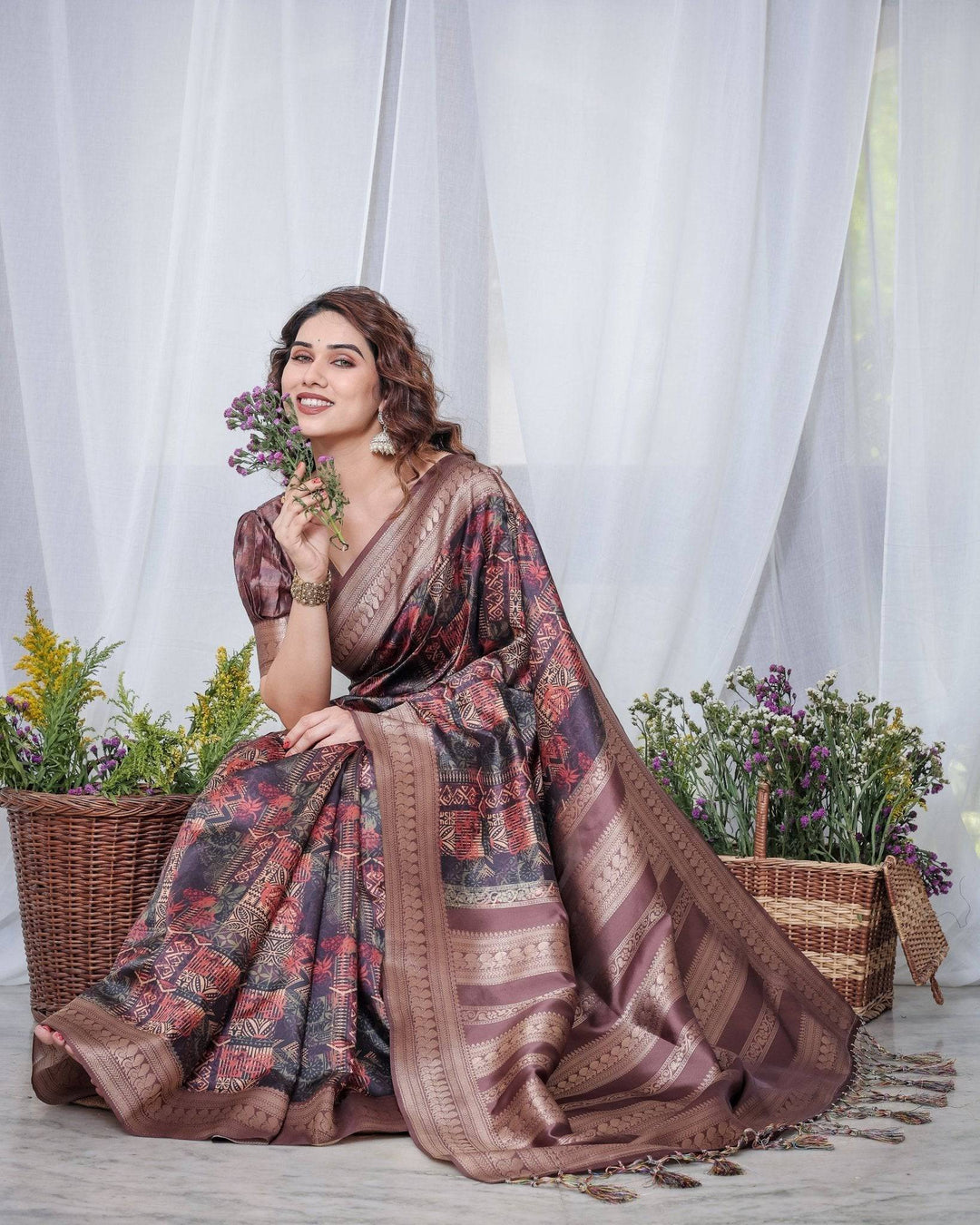 Chocolate Brown Banarasi Silk Saree with Tribal Digital Print, Zari Border & Tassel Pallu