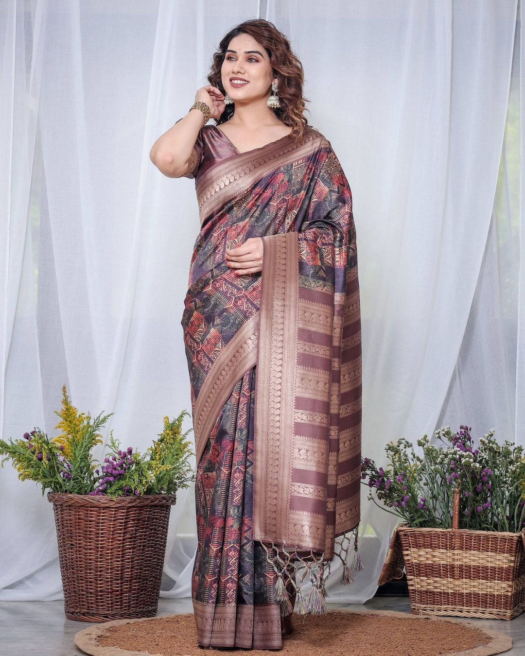 Chocolate Brown Banarasi Silk Saree with Tribal Digital Print, Zari Border & Tassel Pallu