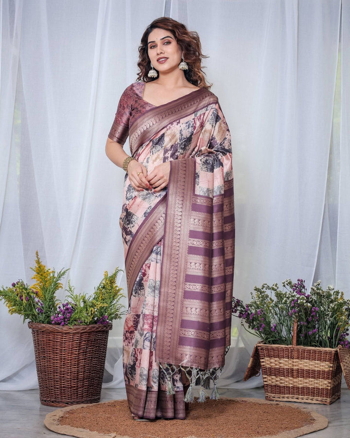 Mauve Banarasi Silk Saree with Abstract Checkered Digital Print, Zari Border & Tassel Pallu