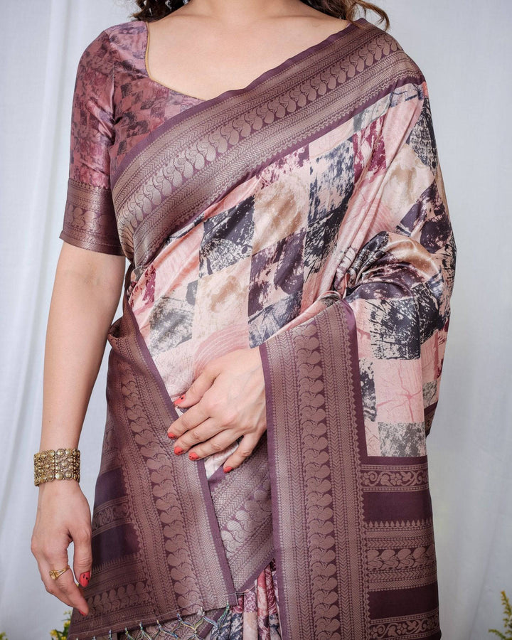 Mauve Banarasi Silk Saree with Abstract Checkered Digital Print, Zari Border & Tassel Pallu