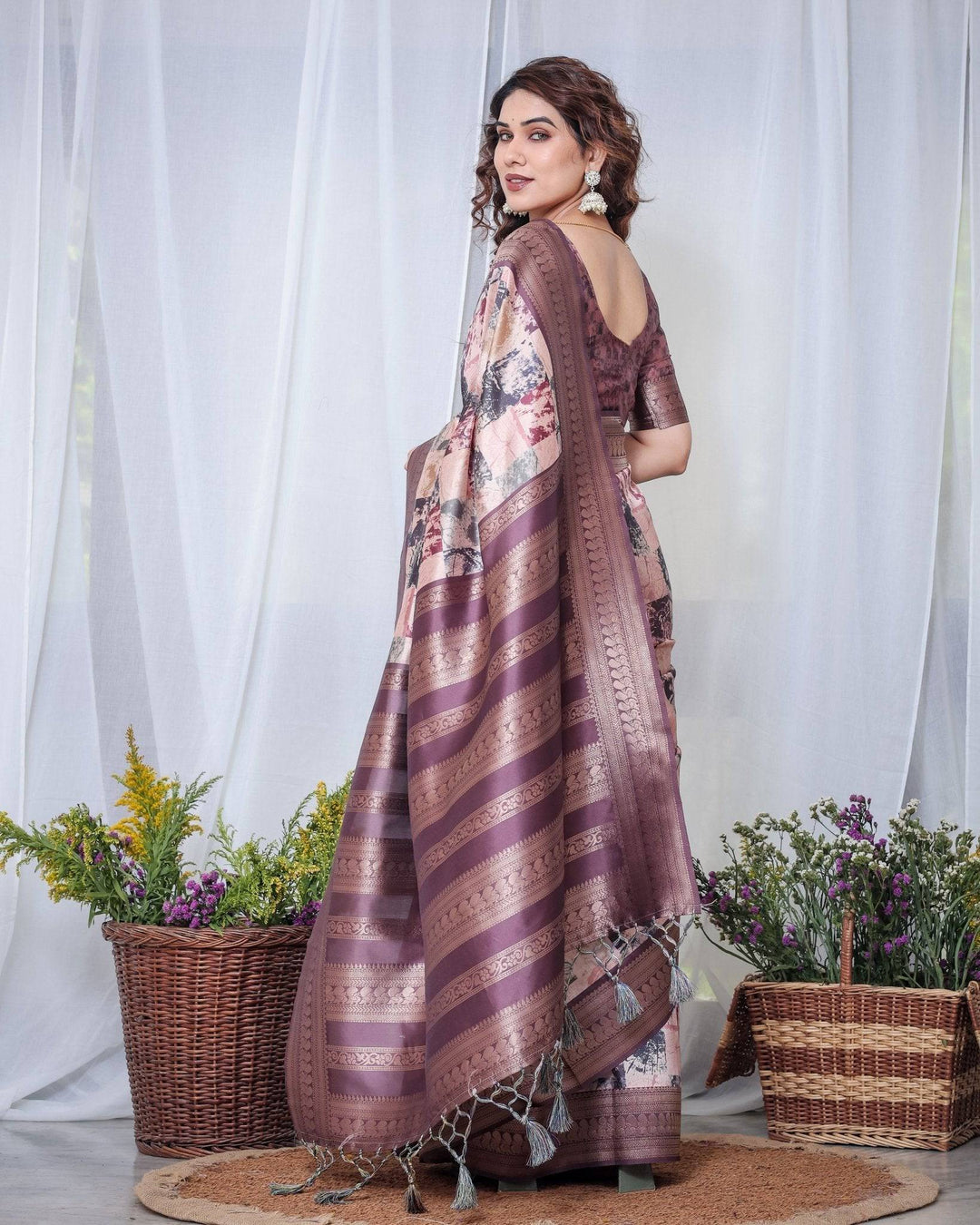 Mauve Banarasi Silk Saree with Abstract Checkered Digital Print, Zari Border & Tassel Pallu