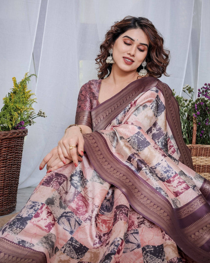 Mauve Banarasi Silk Saree with Abstract Checkered Digital Print, Zari Border & Tassel Pallu