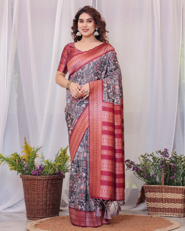 Maroon Banarasi Silk Saree with Intricate Patchwork Digital Print & Zari Border