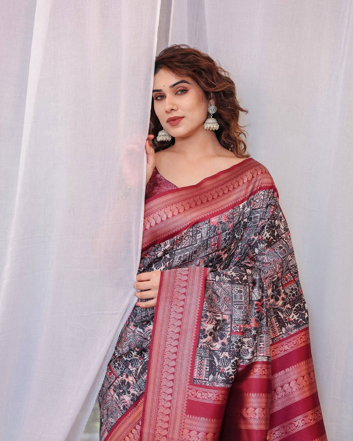 Maroon Banarasi Silk Saree with Intricate Patchwork Digital Print & Zari Border