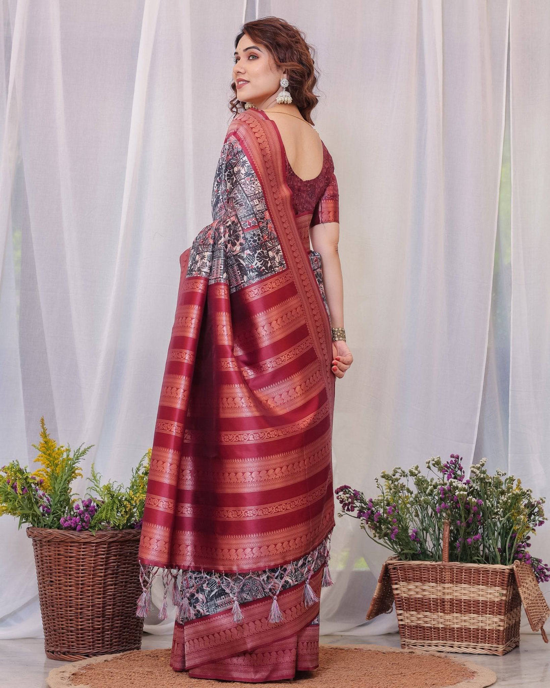 Maroon Banarasi Silk Saree with Intricate Patchwork Digital Print & Zari Border