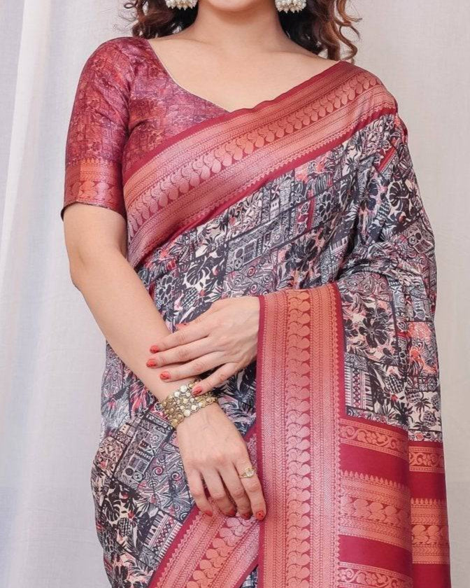 Maroon Banarasi Silk Saree with Intricate Patchwork Digital Print & Zari Border