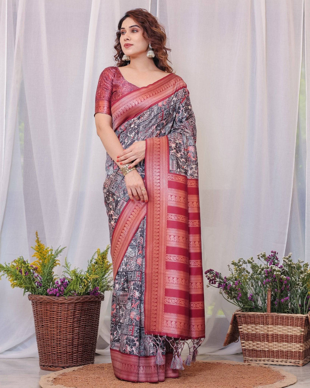 Maroon Banarasi Silk Saree with Intricate Patchwork Digital Print & Zari Border