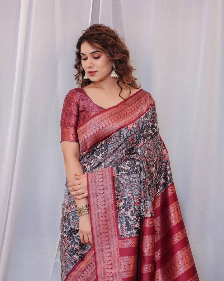 Maroon Banarasi Silk Saree with Intricate Patchwork Digital Print & Zari Border