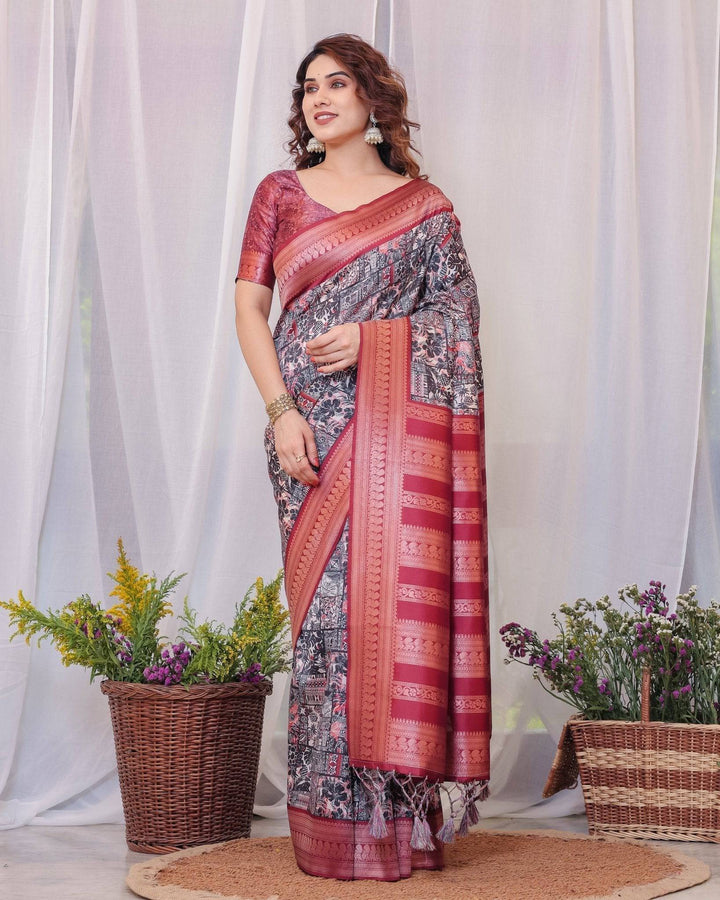 Maroon Banarasi Silk Saree with Intricate Patchwork Digital Print & Zari Border