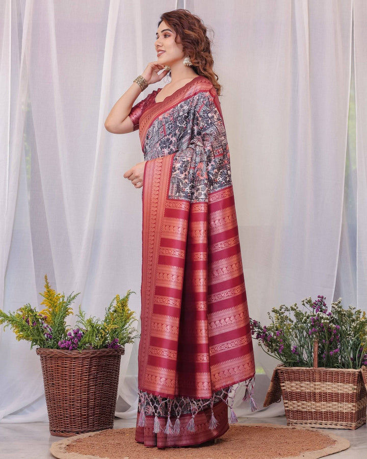 Maroon Banarasi Silk Saree with Intricate Patchwork Digital Print & Zari Border