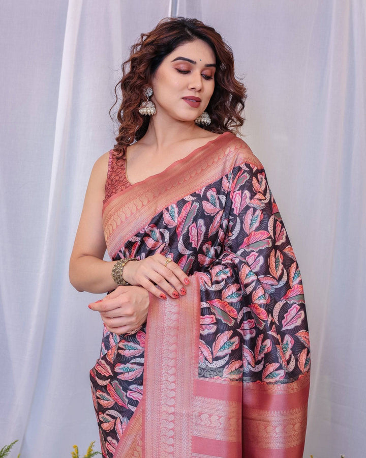 Elegant Black and Peach Banarasi Silk Saree with Leaf Motif and Tassels