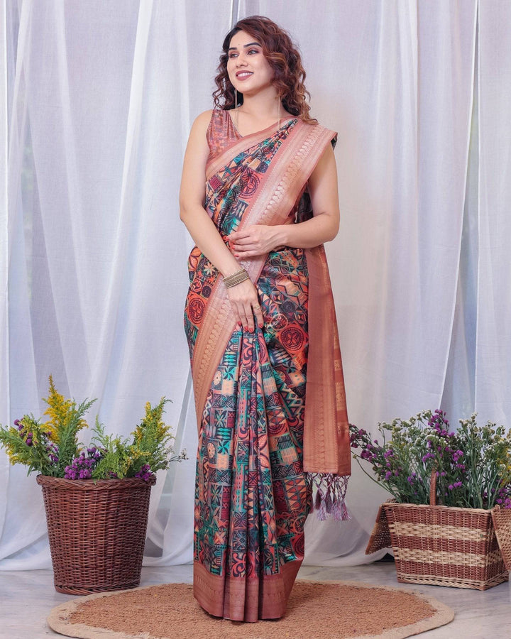 Geometric Elegance: Multicolored Digital Print Pure Silk Saree with Gold Borders