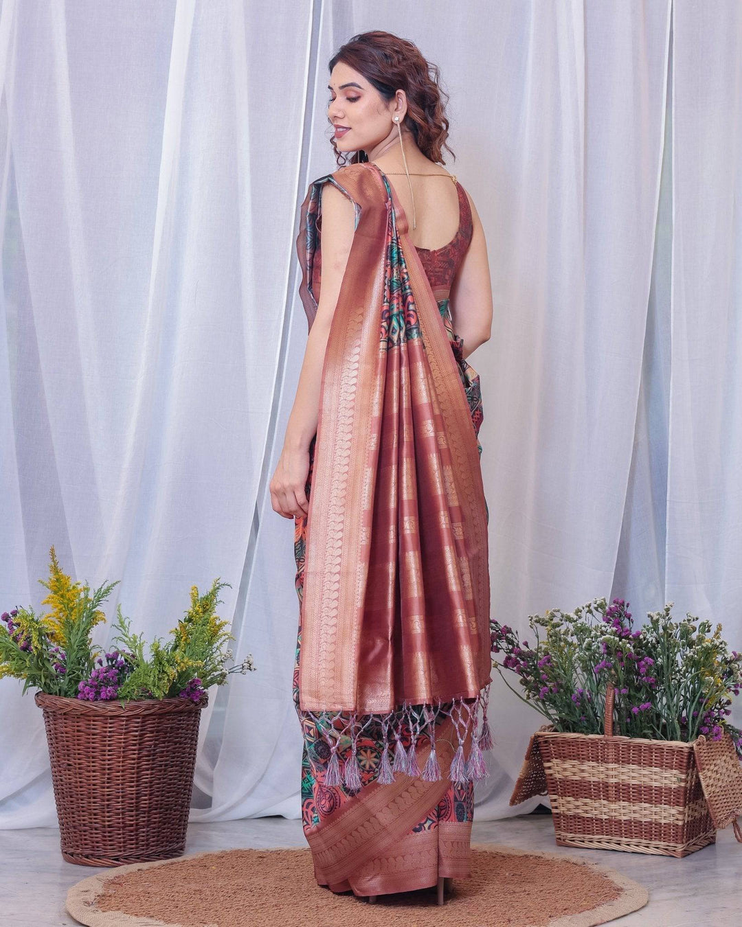 Geometric Elegance: Multicolored Digital Print Pure Silk Saree with Gold Borders